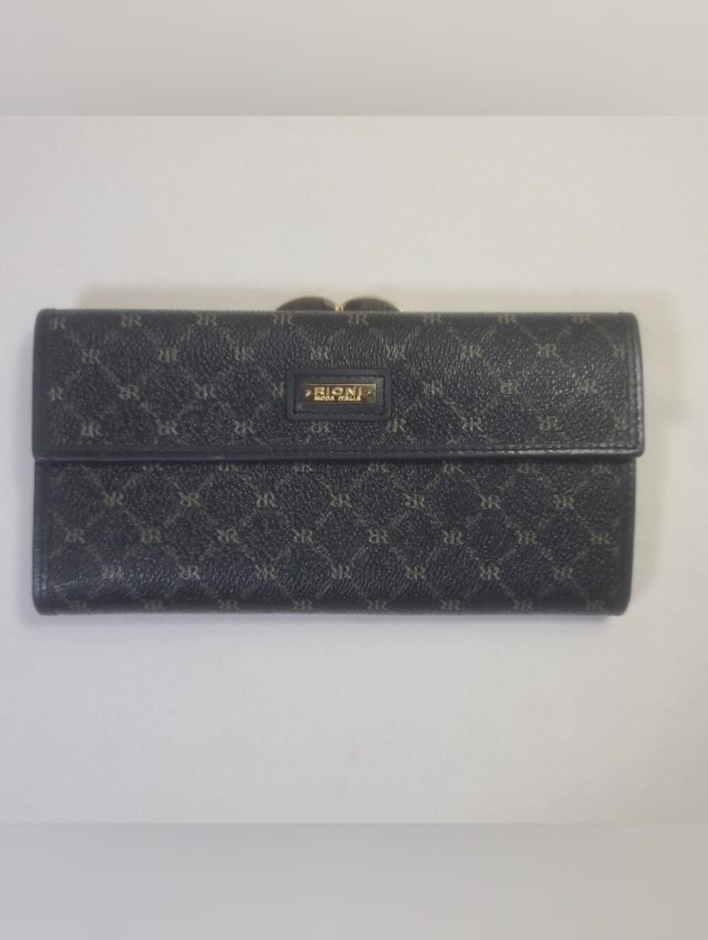 Rioni Moda Italia Continental Clasp Black Monogram Gold Tone Wallet